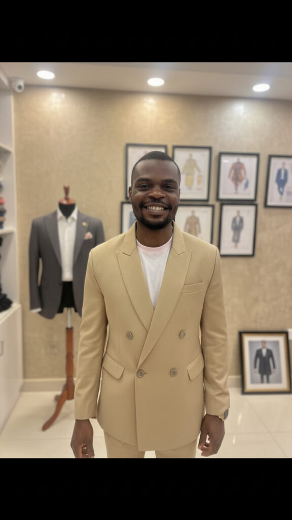 Custom beige double breasted suit tailored at Duro Tailors Trivandrum