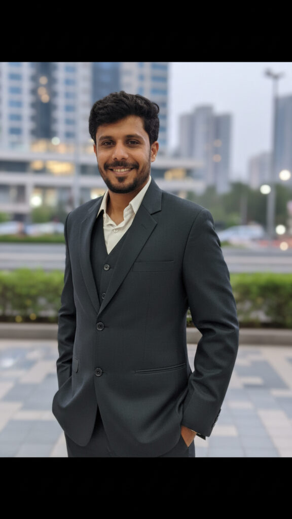 Men’s black formal suit custom stitched in Trivandrum